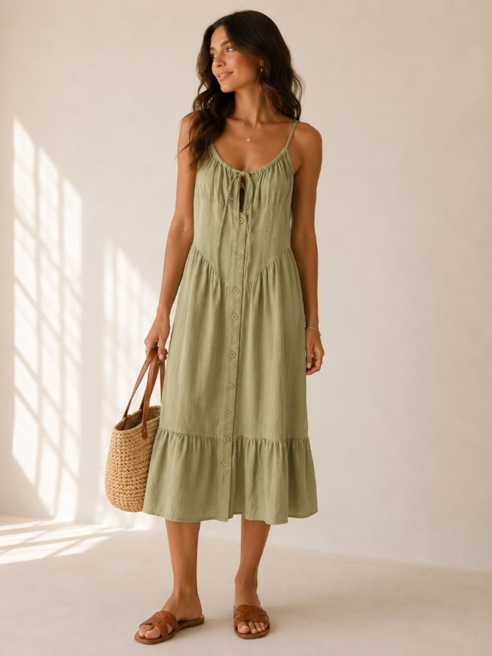 Sage Green Linen Blend Midi Dress Cottagecore Coastal Boho Romantic Button Front